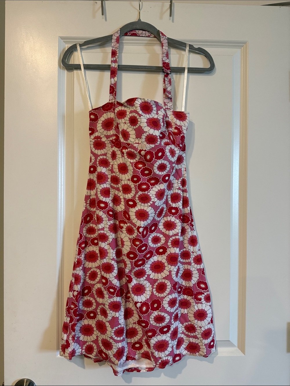 Vintage Y2K French Connection Red and White Floral Halter Dress 70s Retro Size 4